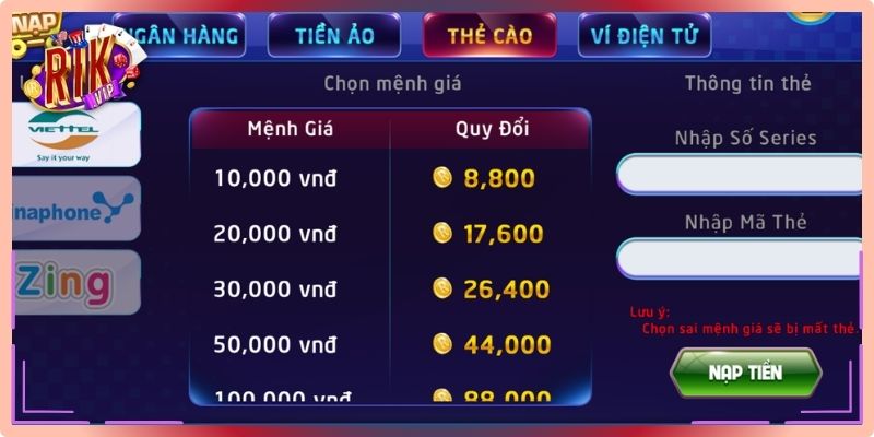 Đăng nhập vào trang nạp tiền RikVip